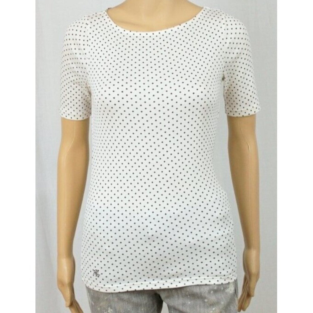 NWT‎ Lauren Ralph Lauren "Winter Cream"/Black Dots Short Sleeve Top Sz XS